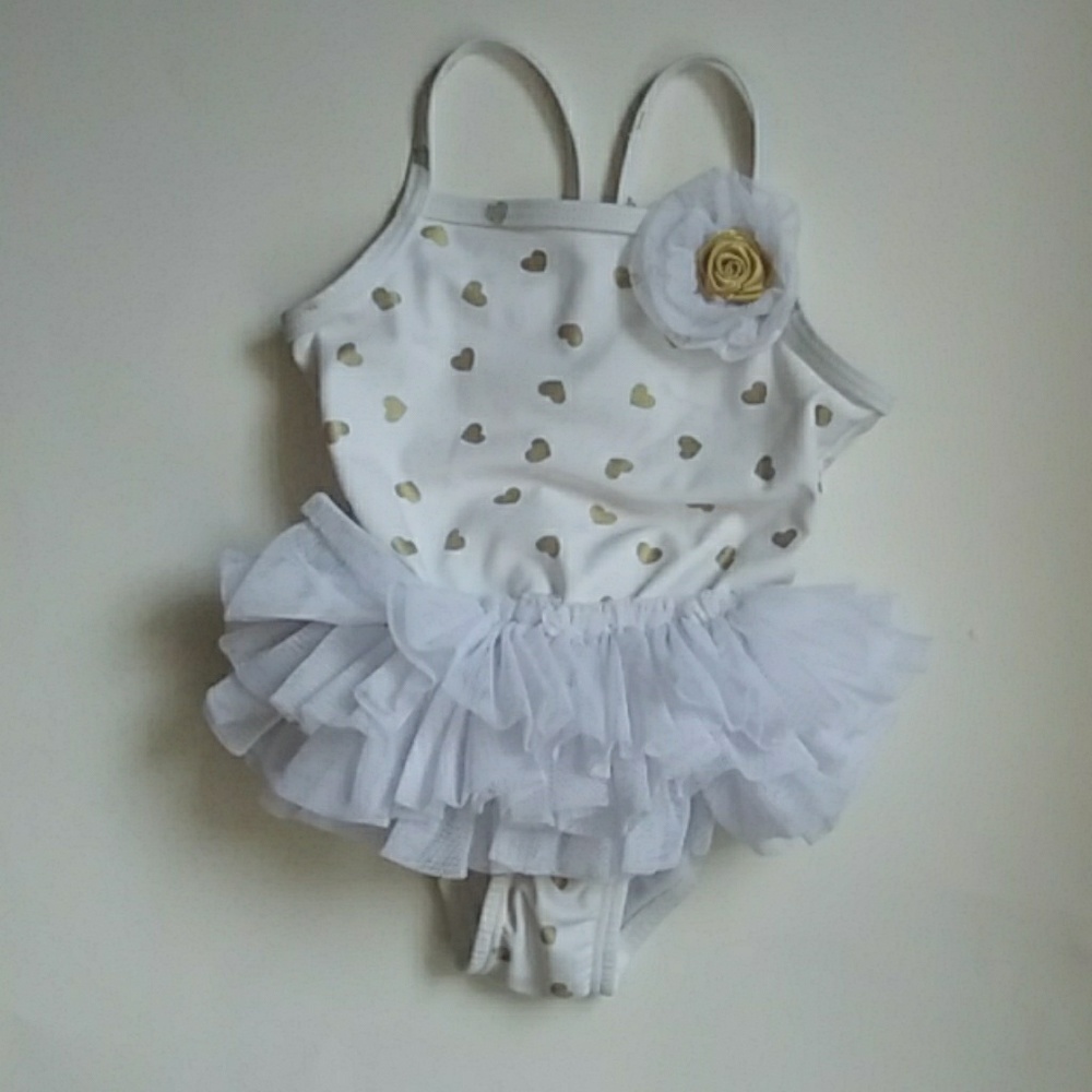 Gold heart bathing suit with white tutu